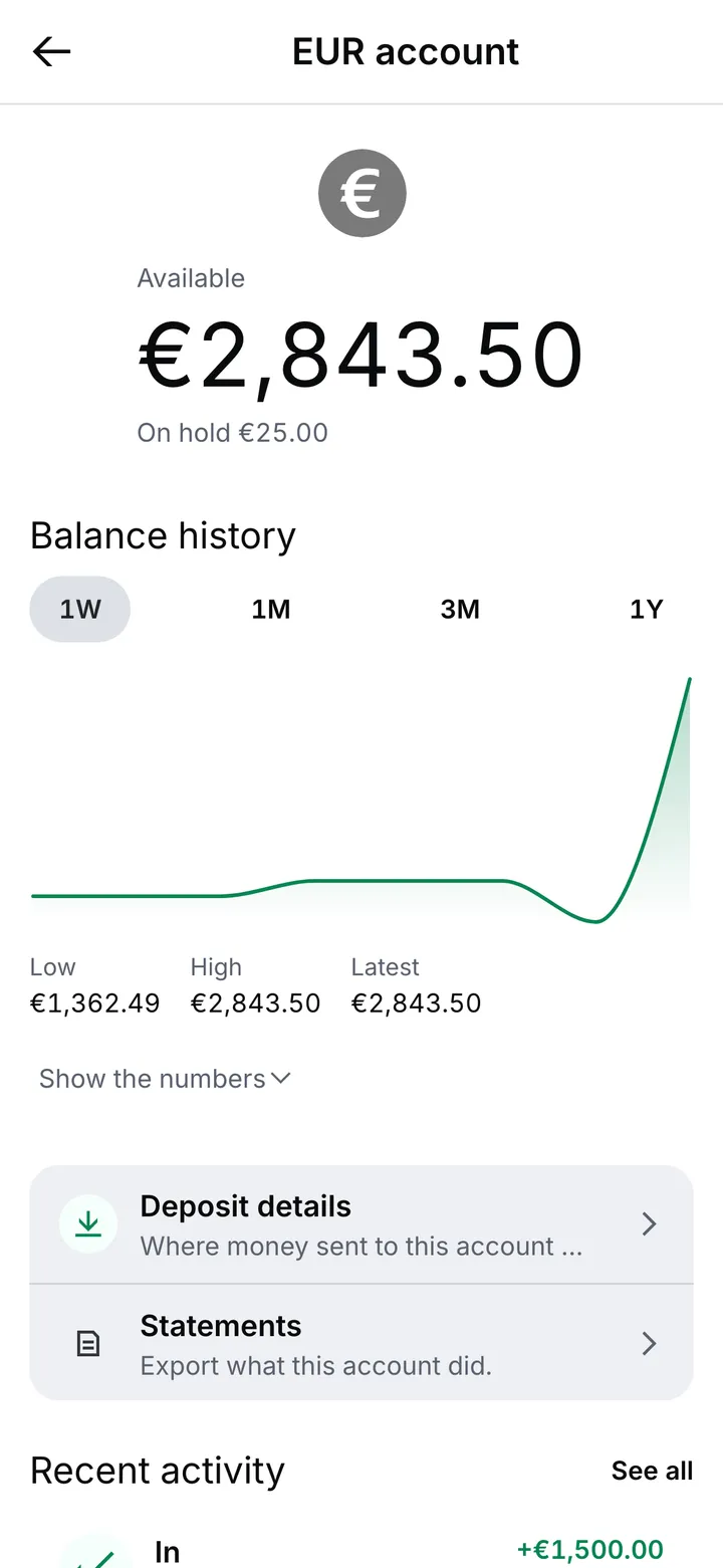 The EUR account: the available balance, the amount on hold, and a week of balance history with its low, high and latest points