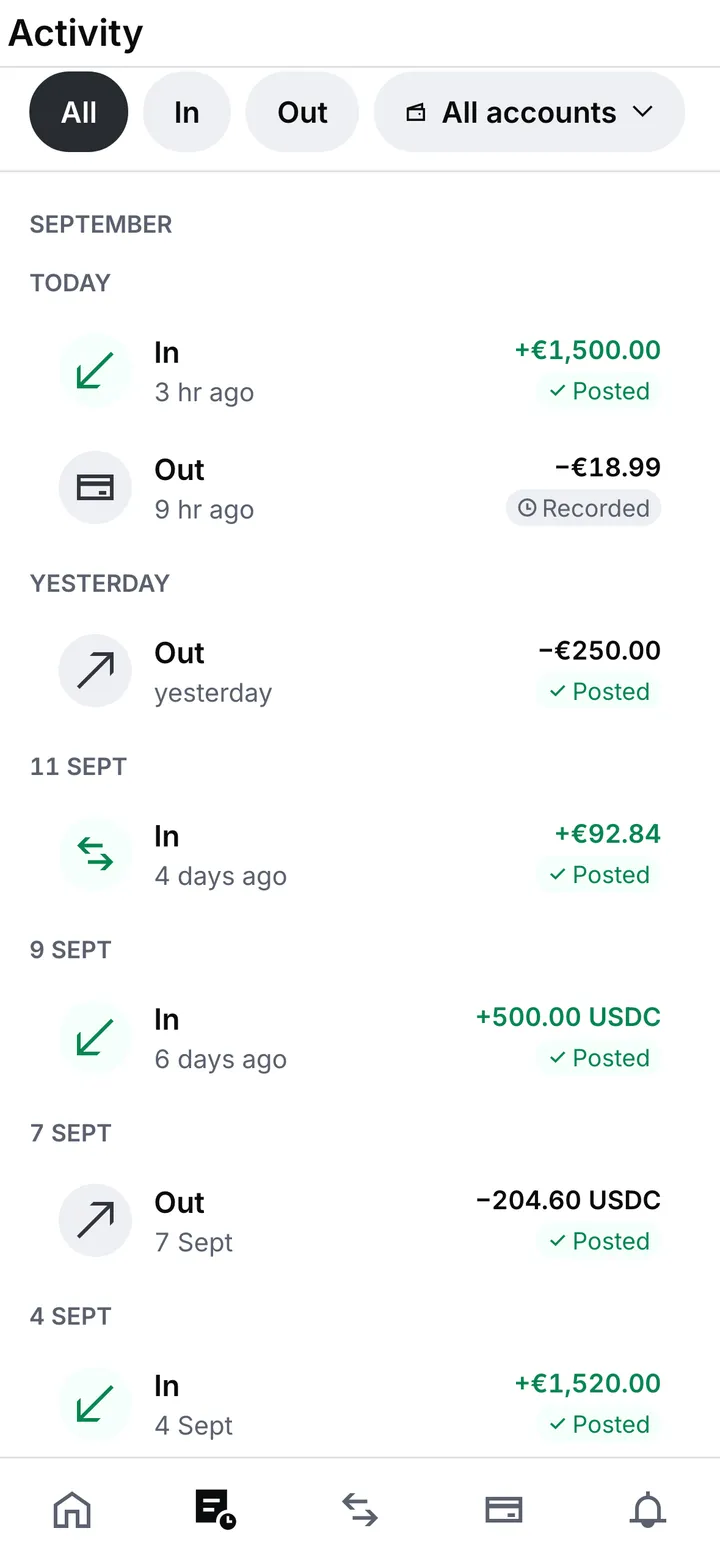 The Activity list grouped by month and day, with All, In, Out and account filters, and each movement marked Posted or Recorded