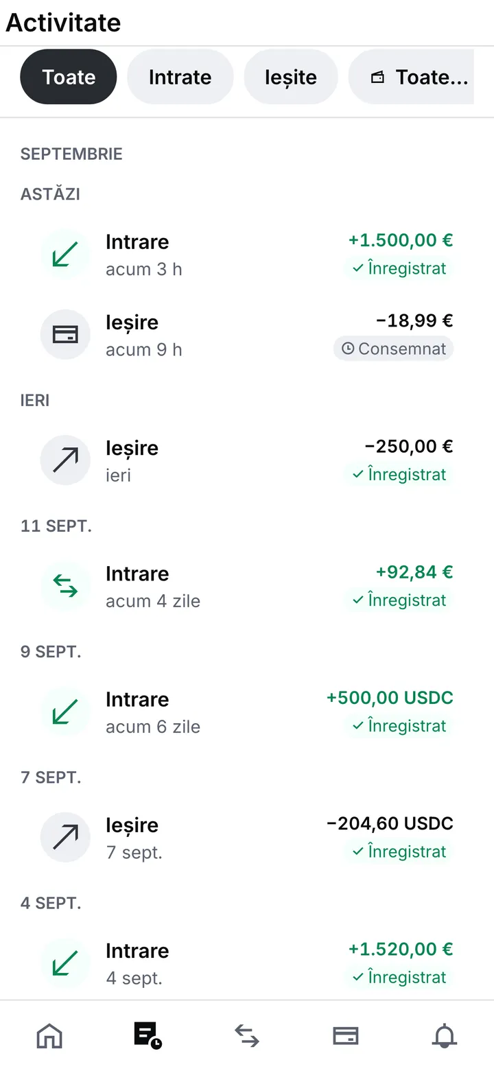 Activitate: mișcări grupate pe luni și zile, fiecare marcată înregistrată sau consemnată, cu filtre pentru intrate, ieșite și un singur cont
