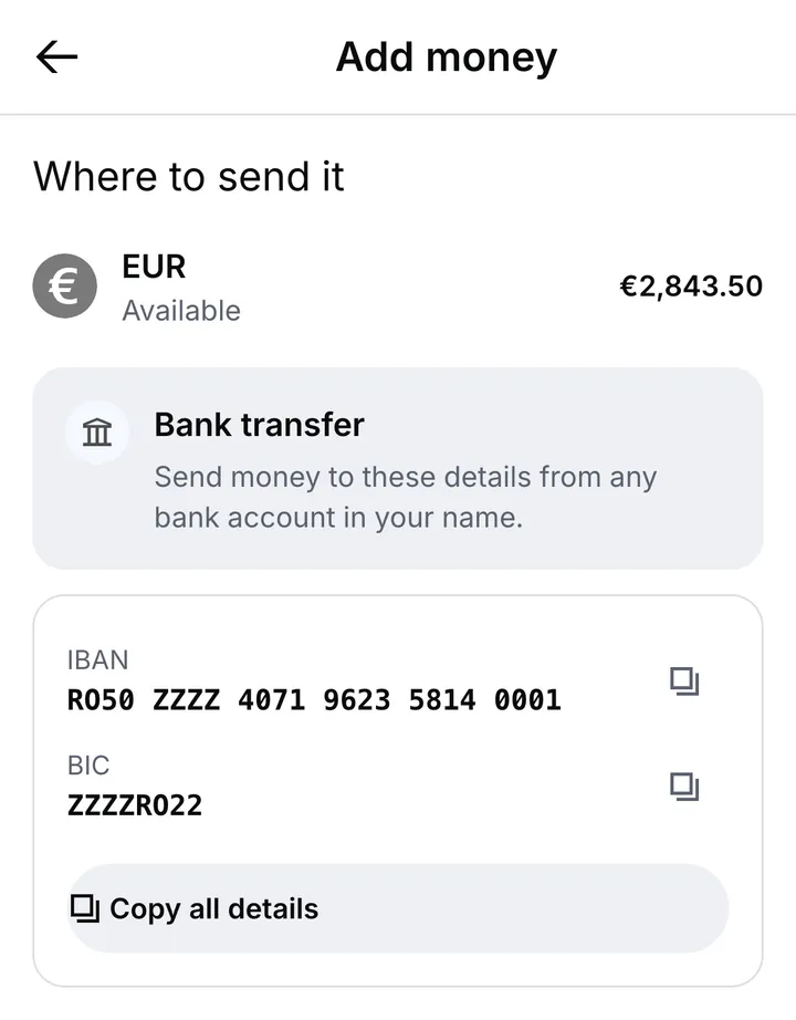 Add money to the EUR account by bank transfer: the IBAN in groups of four, the BIC, and a button to copy all details