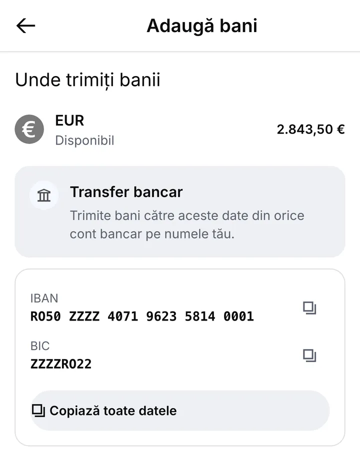 Ecranul Adaugă bani pentru contul în euro: cardul Transfer bancar, apoi IBAN-ul în grupuri de câte patru și codul BIC, fiecare cu buton de copiere