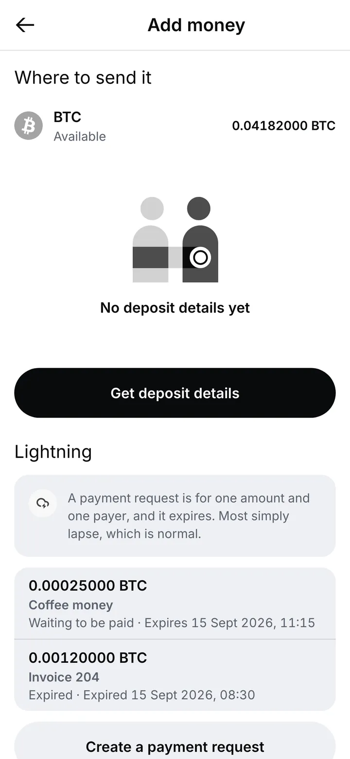Add money for a bitcoin account: no deposit details yet and the button to get them, with Lightning requests below, one waiting to be paid and one expired