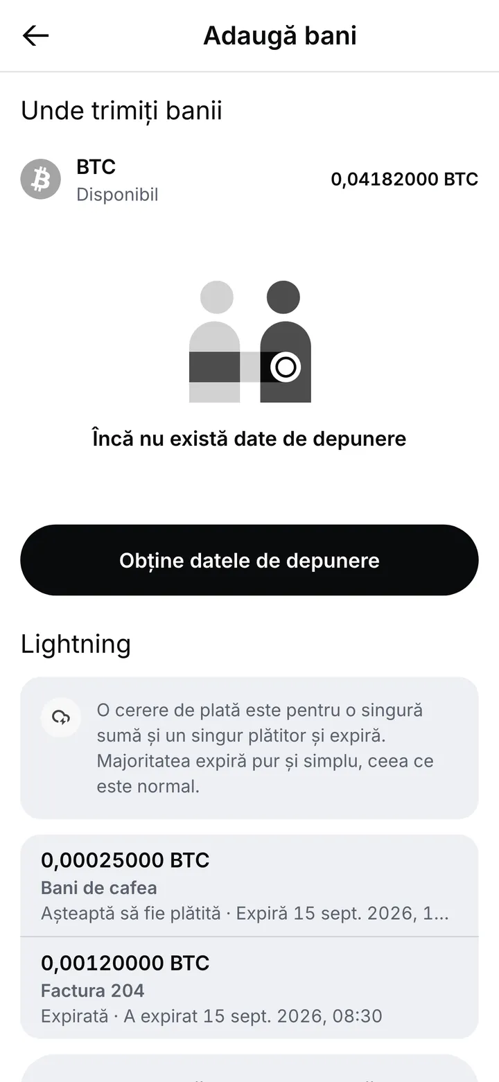 Adaugă bani pentru un cont bitcoin: încă nu există date de depunere și butonul prin care le obții, cu cererile Lightning dedesubt, una care așteaptă plata și una expirată