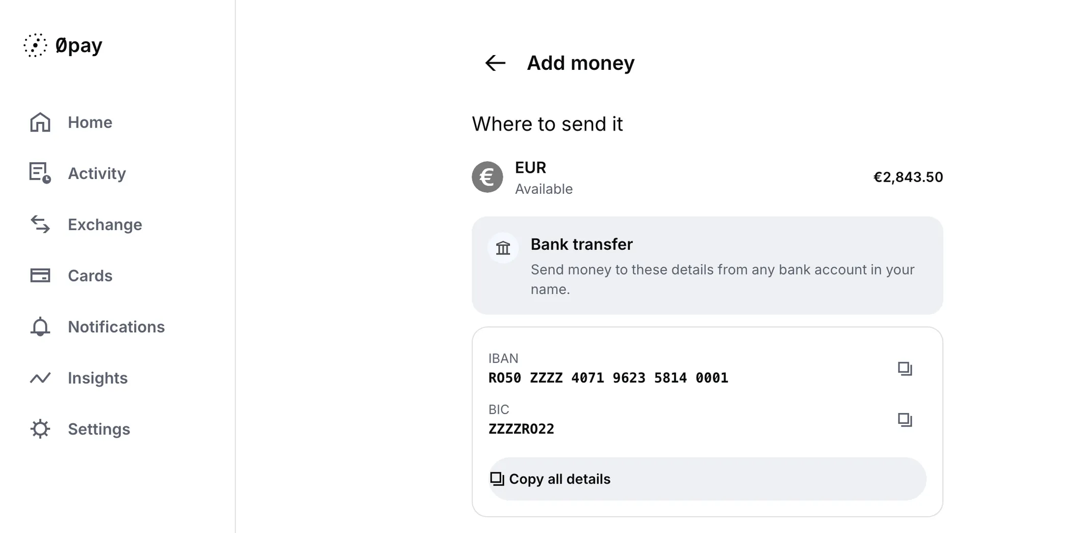 Add money on a wide screen: the euro account’s bank transfer details, with the IBAN in groups of four, the BIC and Copy all details