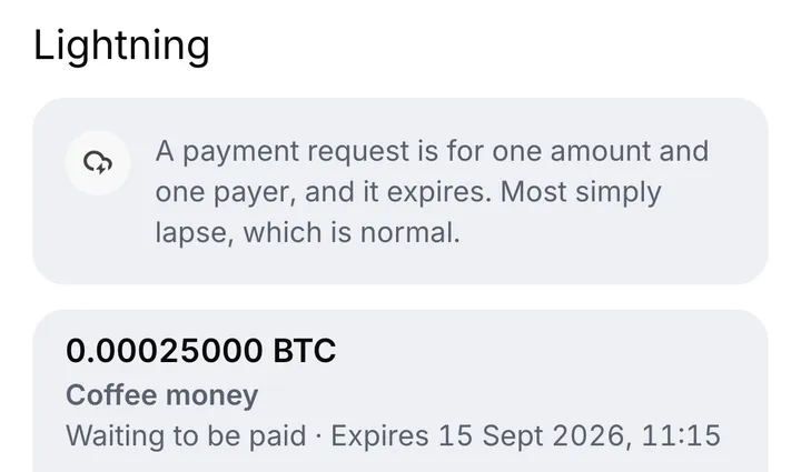 A Lightning payment request for an exact bitcoin amount, with its note, waiting to be paid, and the time it expires
