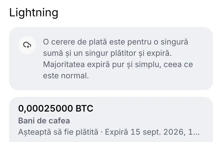 O cerere de plată Lightning pentru o sumă exactă în bitcoin, cu nota ei, care așteaptă să fie plătită, și momentul în care expiră