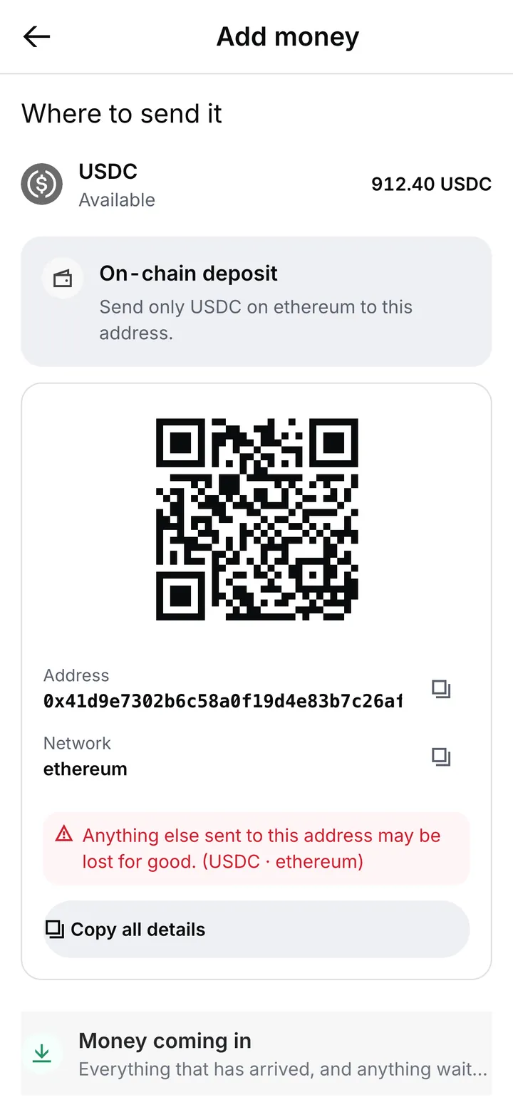 The USDC deposit details: a QR code, the address, the network and a warning that anything else sent there may be lost