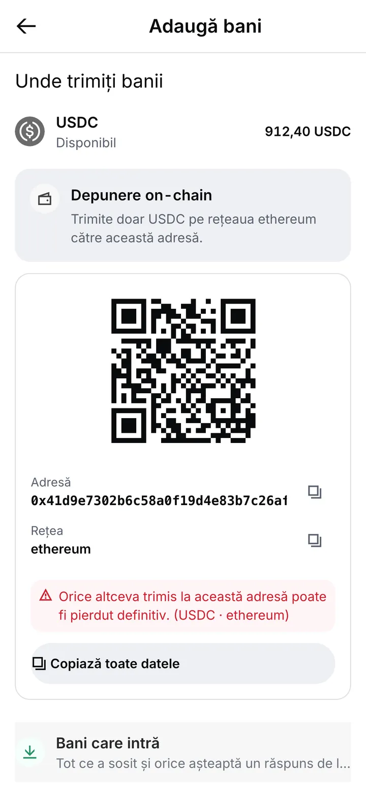 Datele de depunere USDC: un cod QR, adresa, rețeaua și un avertisment că orice altceva trimis acolo poate fi pierdut