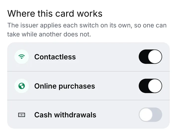 Where this card works, with a separate switch for each: contactless and online purchases switched on, cash withdrawals switched off
