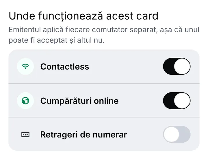 „Unde funcționează acest card”, cu câte un comutator separat: contactless și cumpărături online pornite, retrageri de numerar oprite