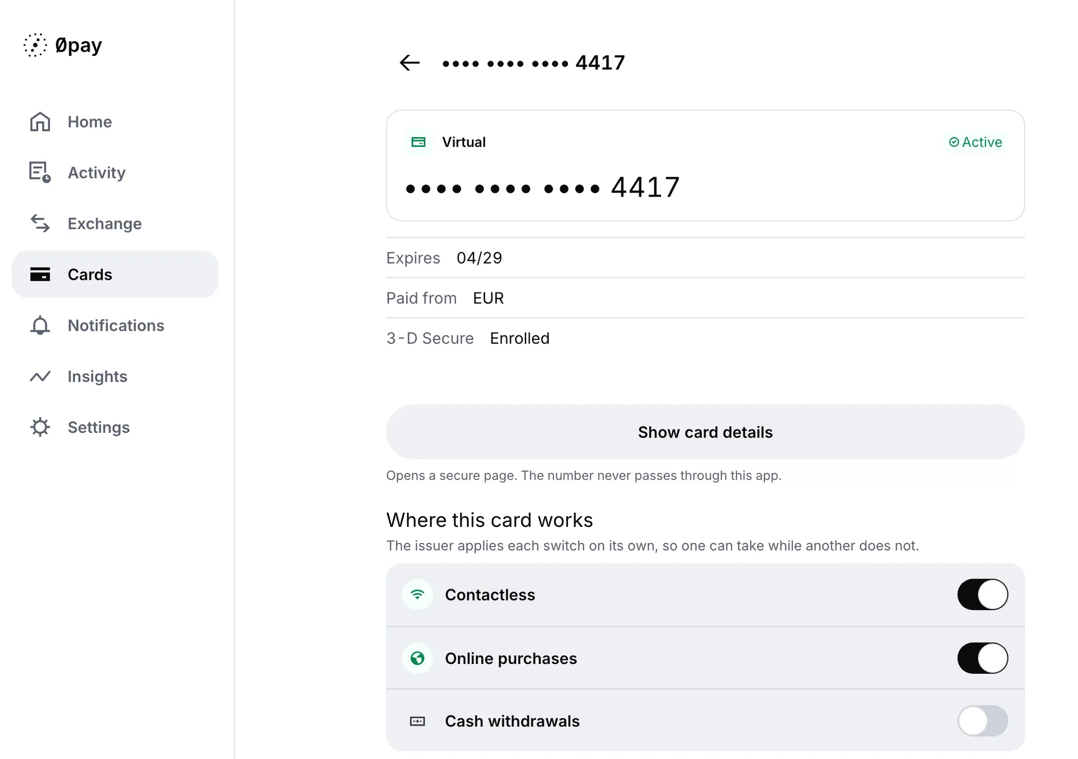 A virtual card on a wide display beside the app’s navigation: its masked number and status, expiry date, the account it is paid from, a Show card details button and the Where this card works switches