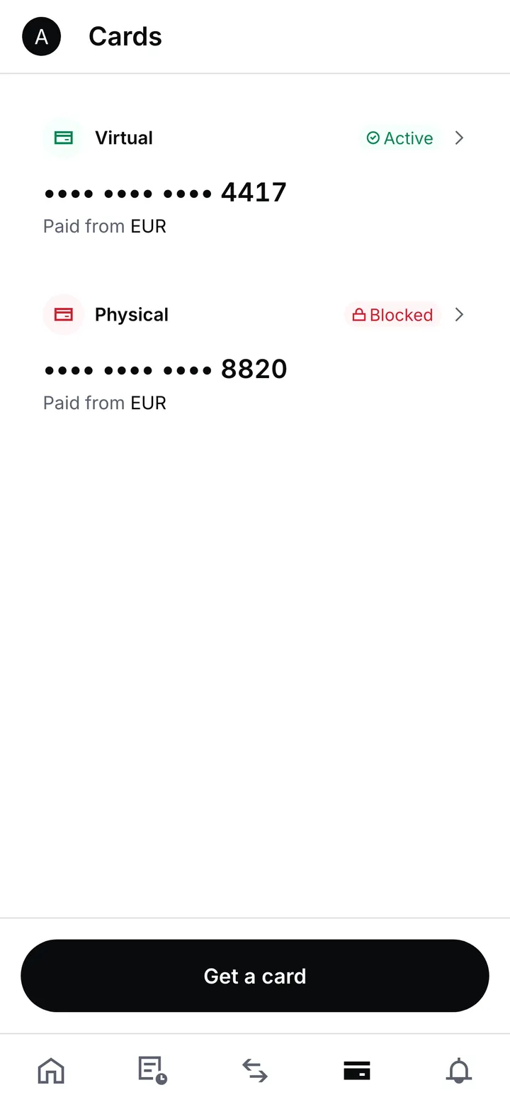 The Cards screen: a virtual card marked active and a physical card marked blocked, each shown by its last digits and paid from the euro account, above a Get a card button