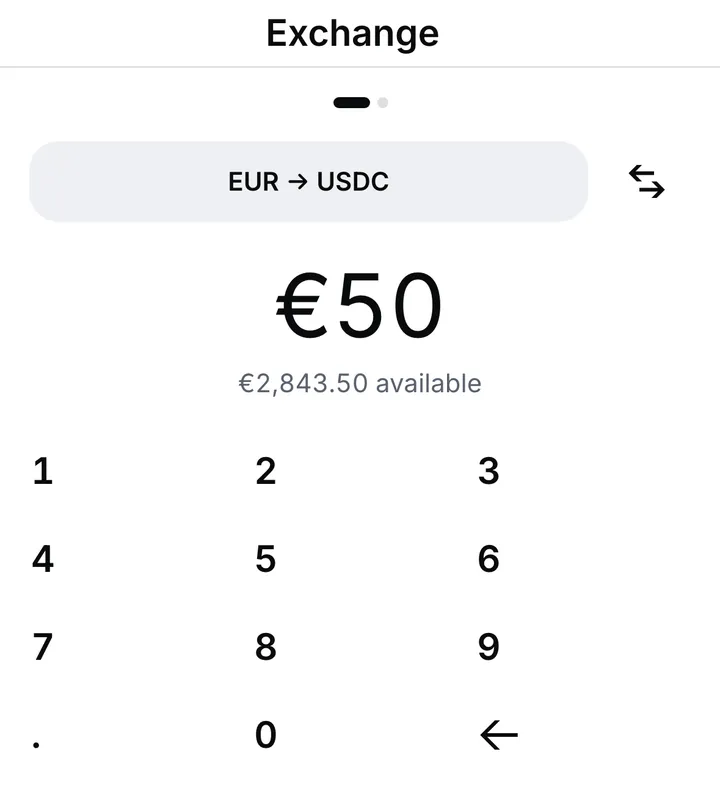 Exchange from EUR to USDC, with an amount typed on the keypad and the available balance under it