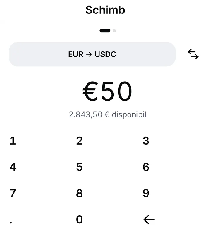 Ecranul Schimb, din euro în USDC: o sumă tastată pe tastatura numerică, suma disponibilă deasupra tastelor și un buton care inversează direcția