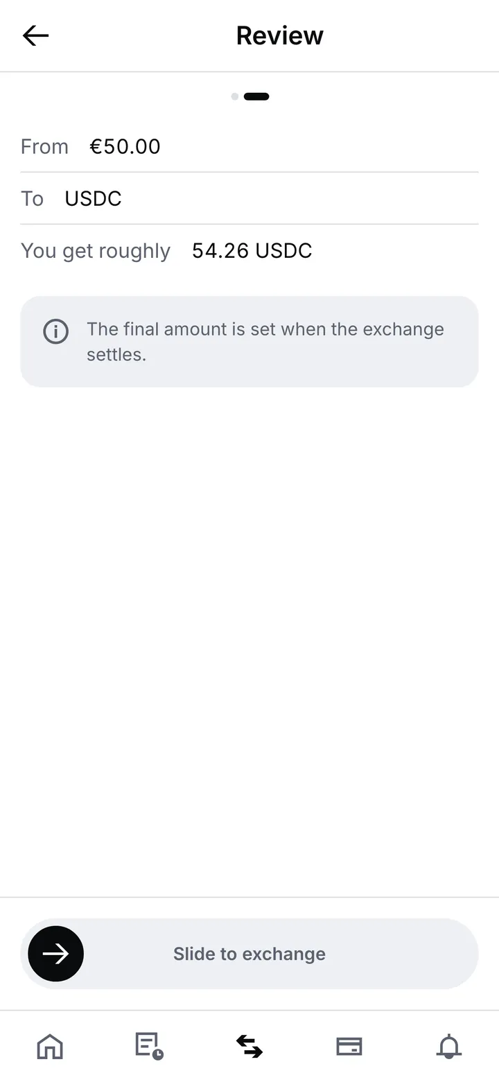 The exchange review: from euro, to USDC, what you get roughly, a note that the final amount is set when the exchange settles, and the slider to exchange