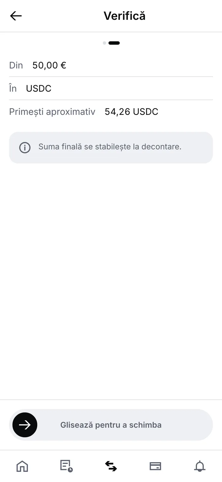 Verificarea schimbului: din euro, în USDC, cât primești aproximativ, nota că suma finală se stabilește la decontare și bara pe care glisezi pentru schimb