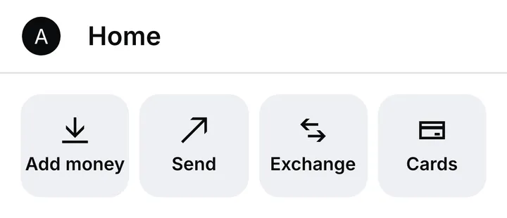 The top of the home screen with its actions: Add money, Send, Exchange and Cards