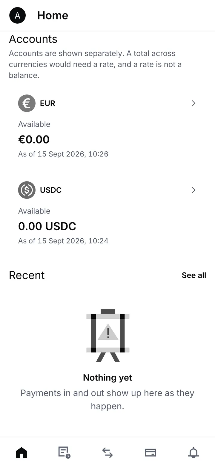 The home screen with a euro and a USDC account, both at zero, and “Nothing yet” under Recent