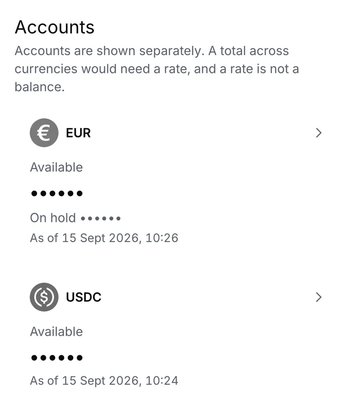 The EUR and USDC accounts with every amount shown as dots