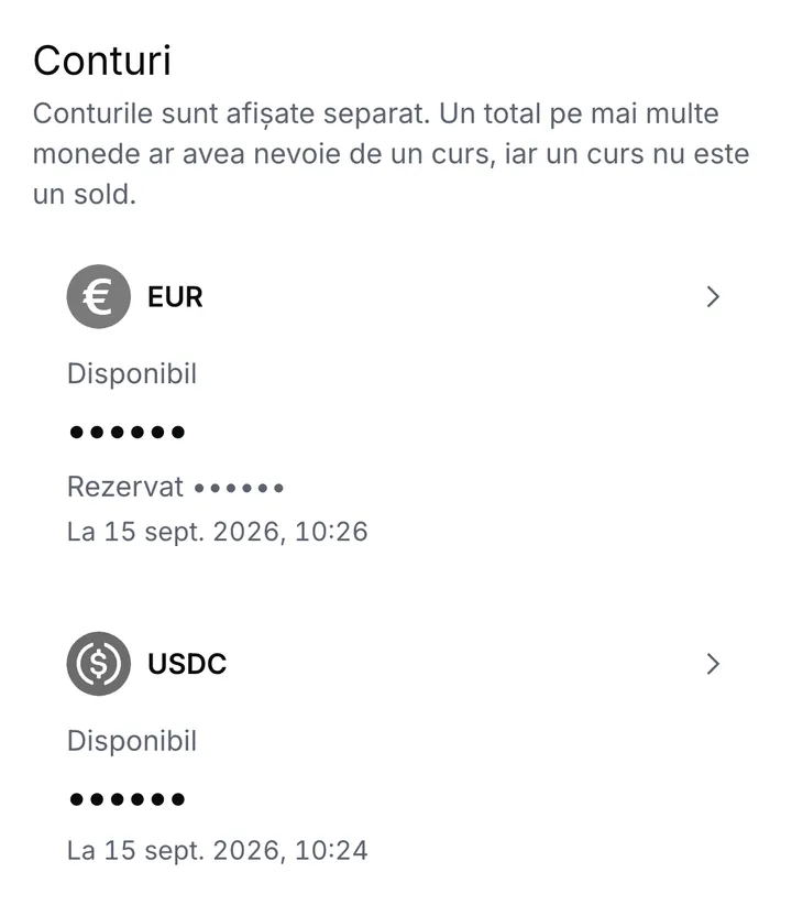 Conturile EUR și USDC, cu fiecare sumă afișată ca puncte