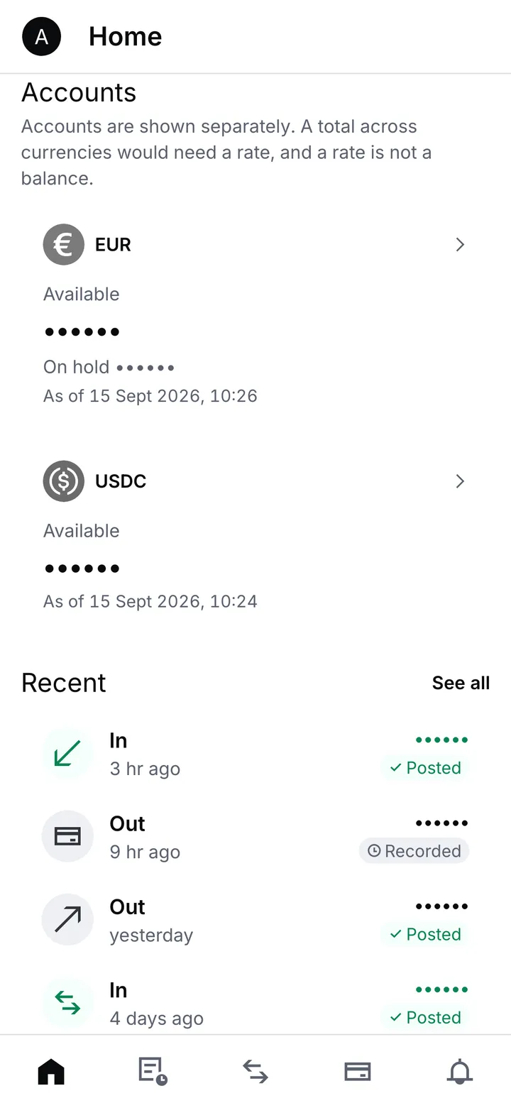 The home screen with every balance and every recent payment amount shown as dots