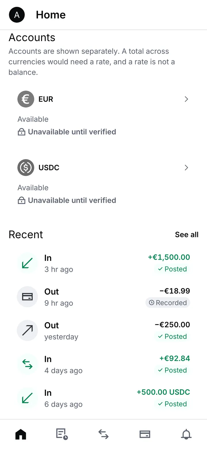 The home screen with the EUR and USDC accounts both reading Unavailable until verified in place of a balance
