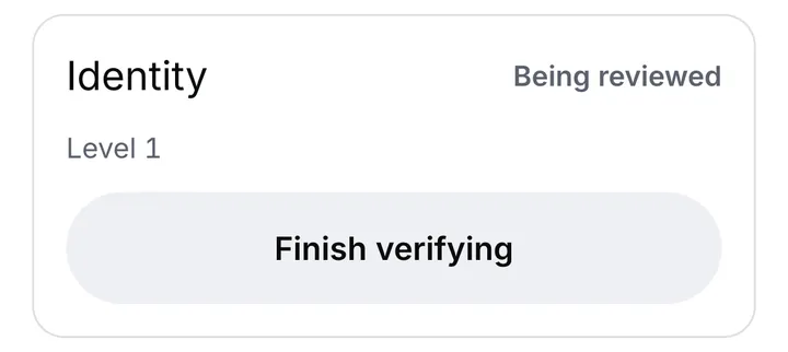 The Identity section marked Being reviewed, with a Finish verifying button