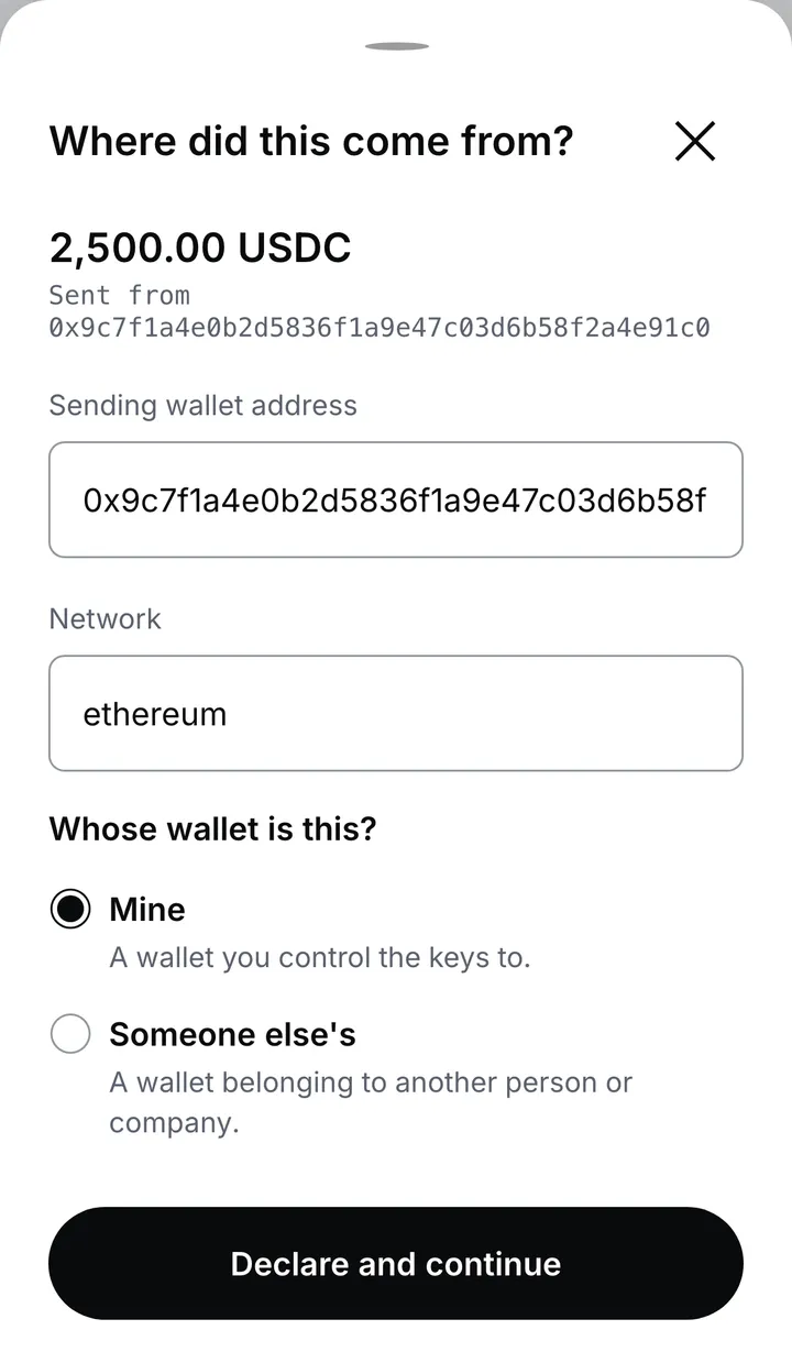 The “Where did this come from?” sheet for a held deposit, with the amount, the sending wallet address and network, and a choice between Mine and Someone else’s