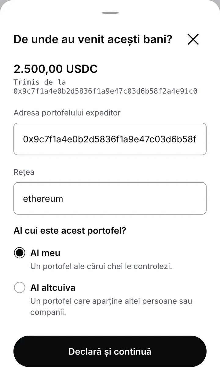Panoul „De unde au venit acești bani?” pentru o depunere reținută, cu suma, adresa portofelului expeditor și rețeaua și alegerea între Al meu și Al altcuiva