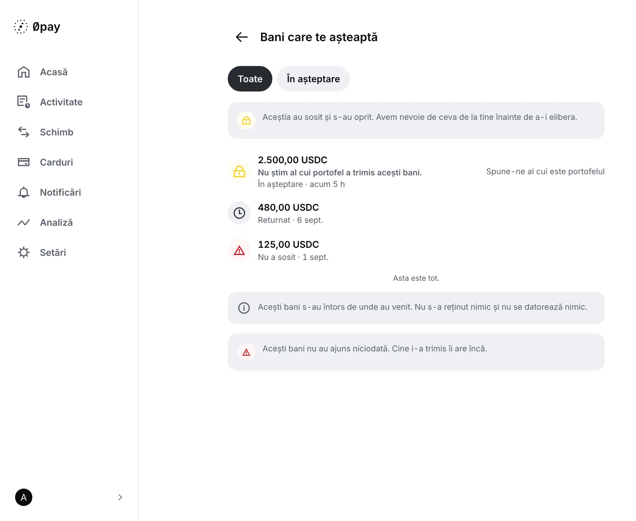 Lista Bani care te așteaptă pe un ecran lat, lângă bara de navigare, cu o depunere în așteptare și motivul ei, una returnată și una care nu a sosit
