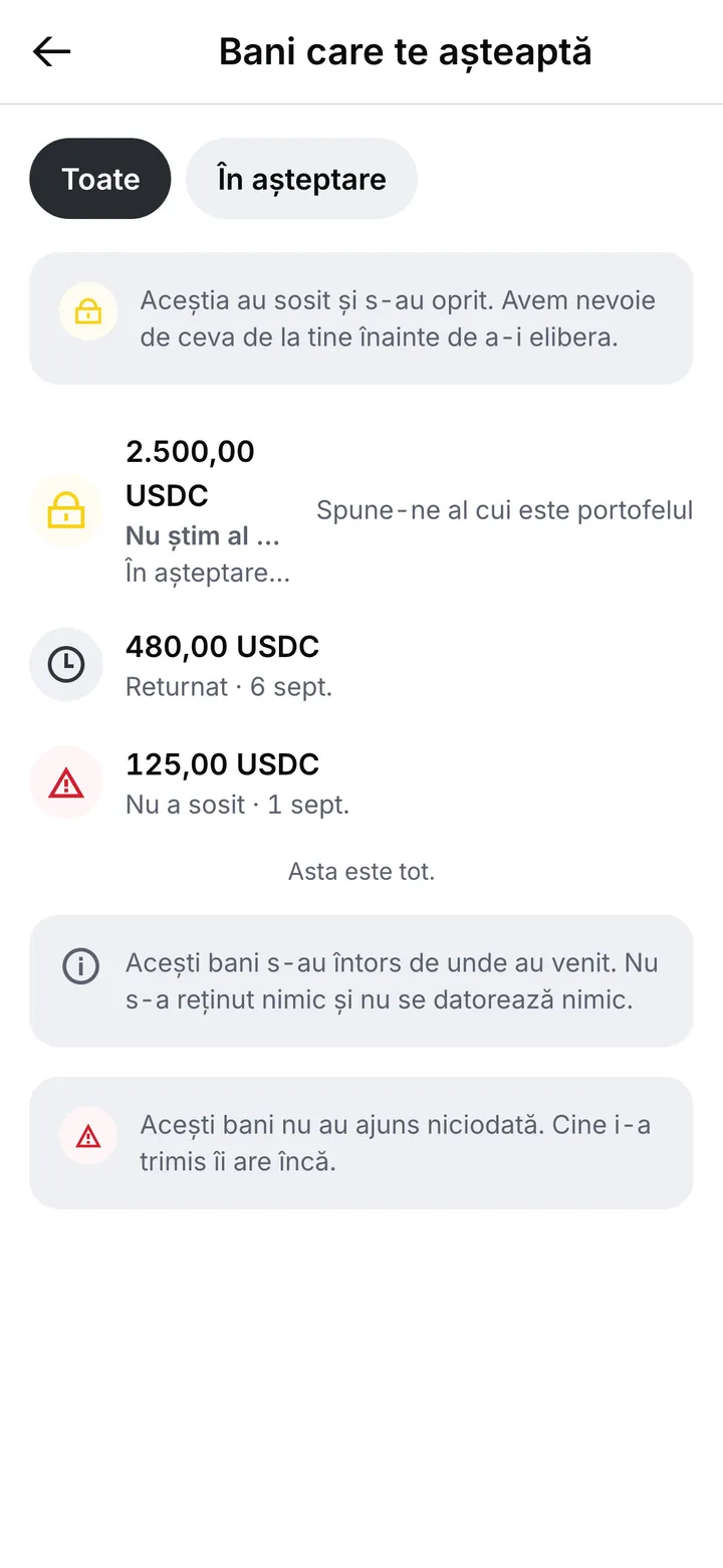 Bani care te așteaptă: o depunere în USDC în așteptare până spui al cui este portofelul, una returnată și una care nu a sosit, fiecare explicată