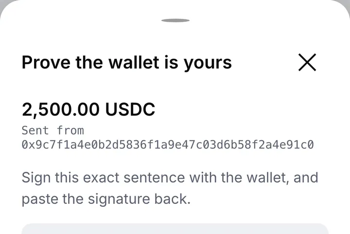 The “Prove the wallet is yours” sheet, asking you to sign an exact sentence with the wallet and paste the signature back
