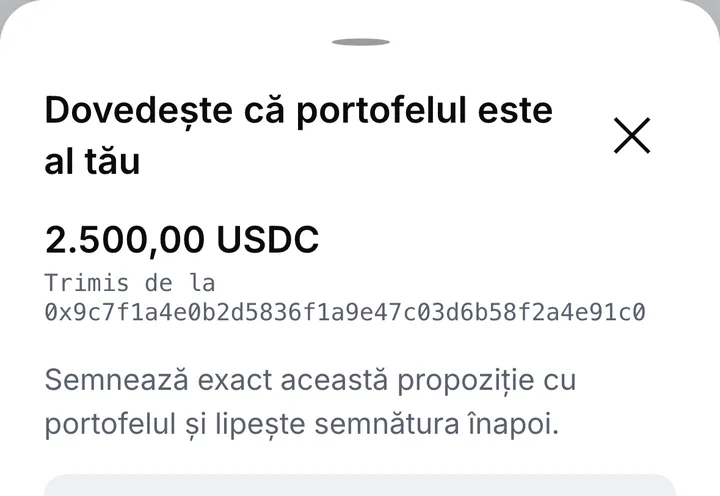Panoul „Dovedește că portofelul este al tău”, care îți cere să semnezi o propoziție exactă cu portofelul și să lipești semnătura înapoi