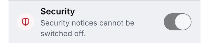 The Security row of the notification settings: security notices cannot be switched off, and its switch stays on