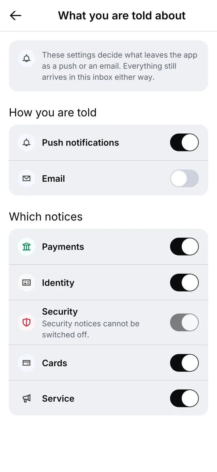 What you are told about: switches for push notifications and email, one for each kind of notice, and Security locked on