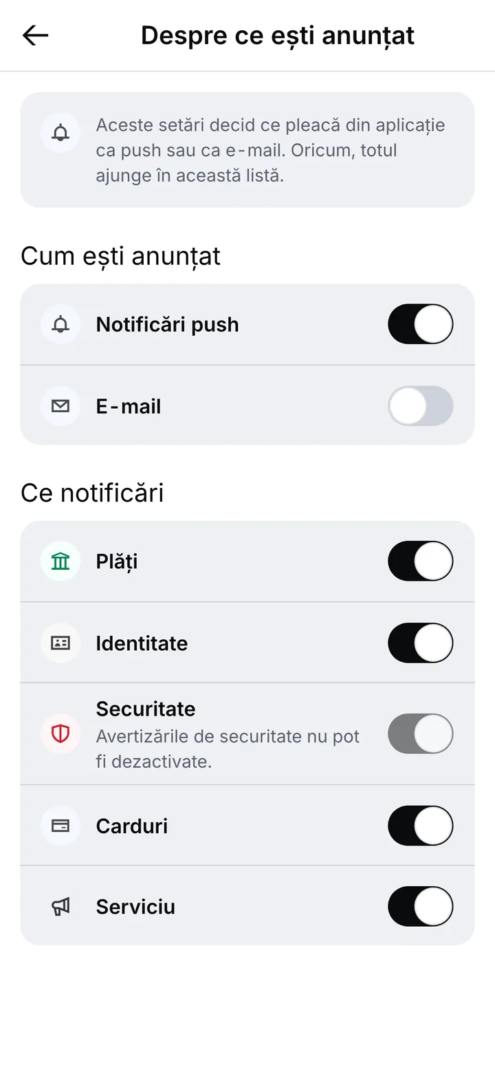 Preferințele de notificare: nota că totul ajunge oricum în listă, push pornit și e-mail oprit la „Cum ești anunțat”, câte un comutator pentru fiecare tip de notificare și avertizările de securitate blocate pe pornit, cu motivul