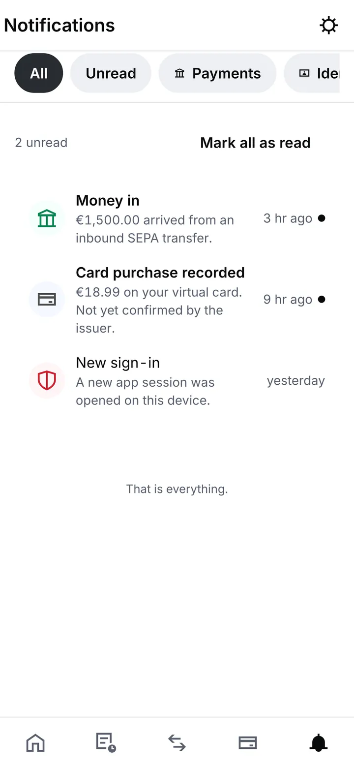 The Notifications inbox: filters for all, unread and payments, the unread count, Mark all as read, and notices about money in, a card purchase and a new sign-in