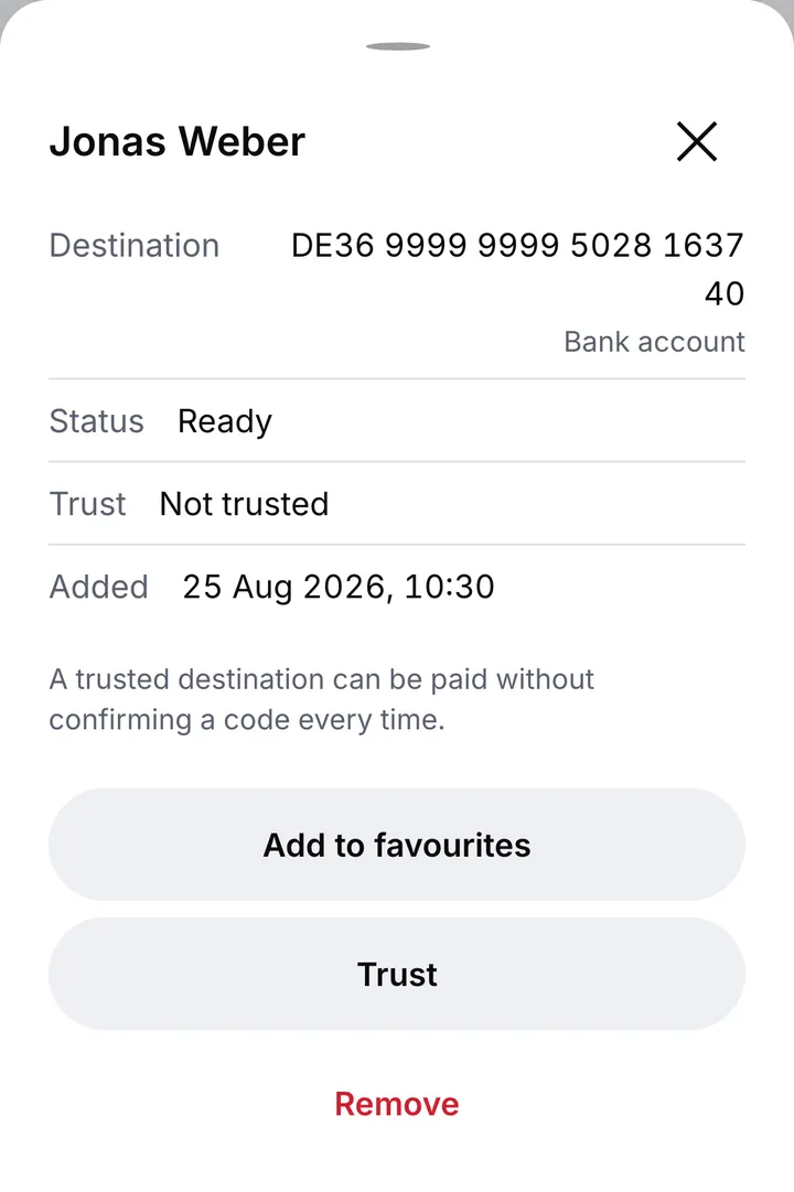 A saved payee’s bank account, marked not trusted, with buttons to add it to favourites, to trust it and to remove it