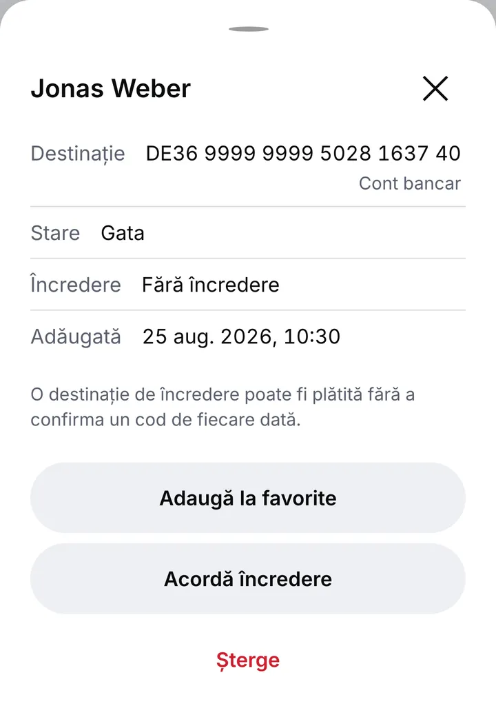Contul bancar al unei destinații salvate, marcată fără încredere, cu butoanele pentru a o adăuga la favorite, a-i acorda încredere și a o șterge
