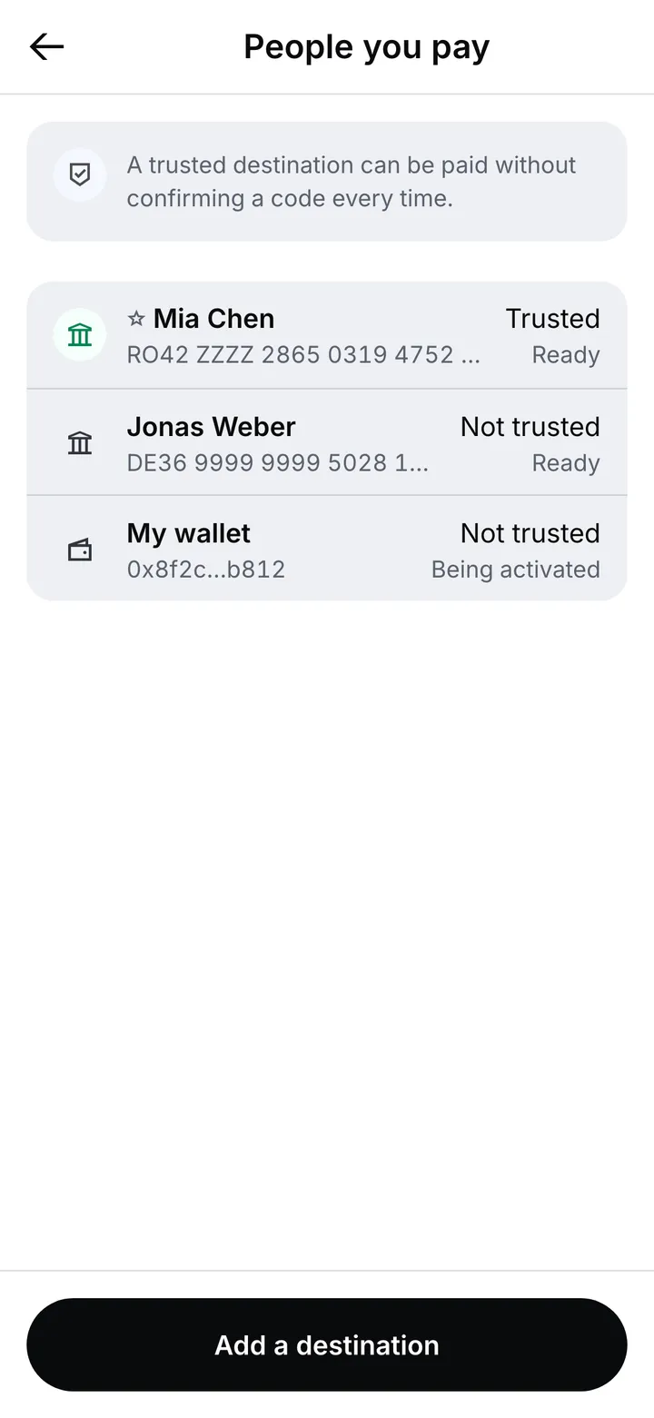 People you pay: three saved destinations, each marked trusted or not trusted and ready or being activated, with a favourite starred