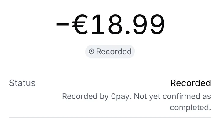 A receipt marked Recorded, with its status line: recorded by 0pay, not yet confirmed as completed