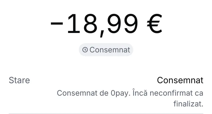 O tranzacție marcată Consemnat, cu rândul de stare: consemnată de 0pay, încă neconfirmată ca finalizată