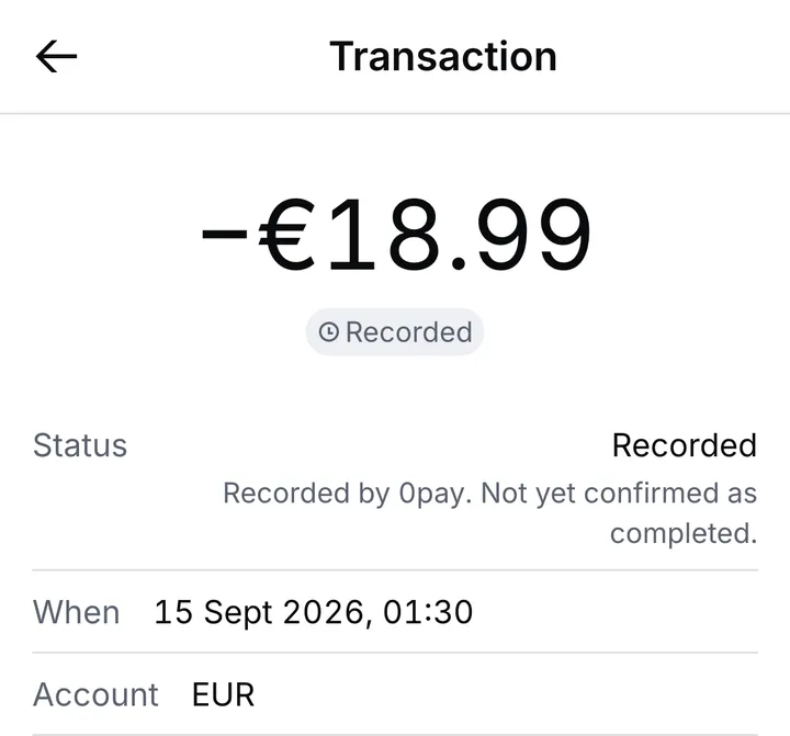A receipt for a payment marked Recorded: the status, explained as not yet confirmed as completed, then when it happened and the account