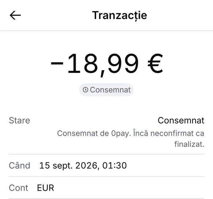 Chitanța unei plăți marcate Consemnat: starea, explicată ca încă neconfirmată ca finalizată, apoi momentul și contul