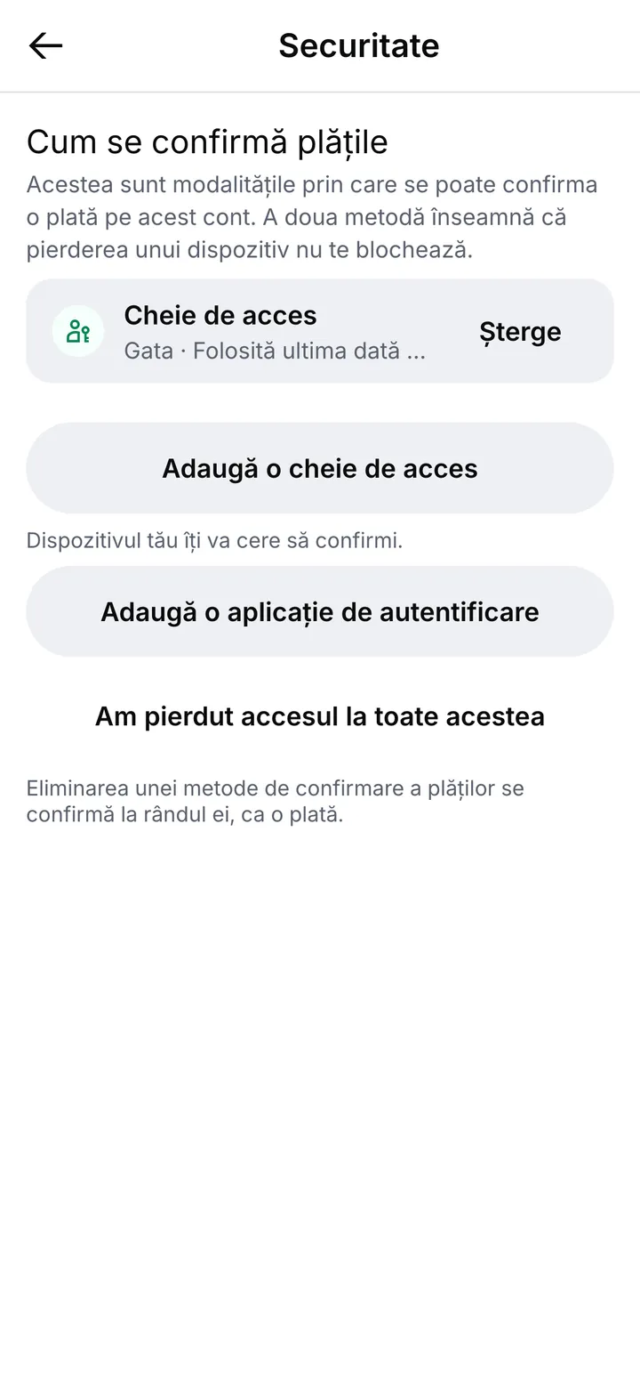 Setările de securitate: o cheie de acces cu butonul Șterge și nota că eliminarea unei metode de confirmare a plăților se confirmă la rândul ei, ca o plată