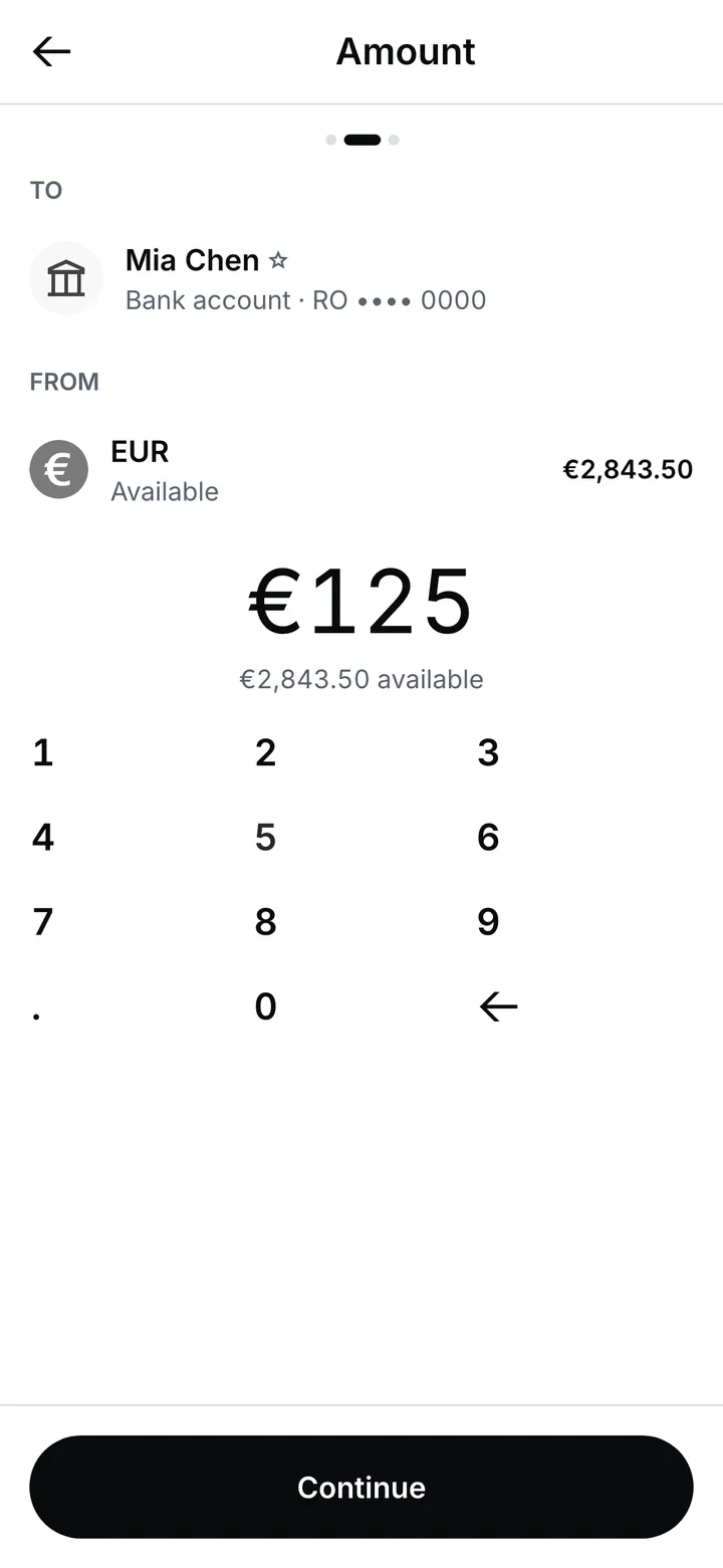 The amount step of Send: who is paid, the euro account it comes from with its available balance, and the amount typed on the keypad