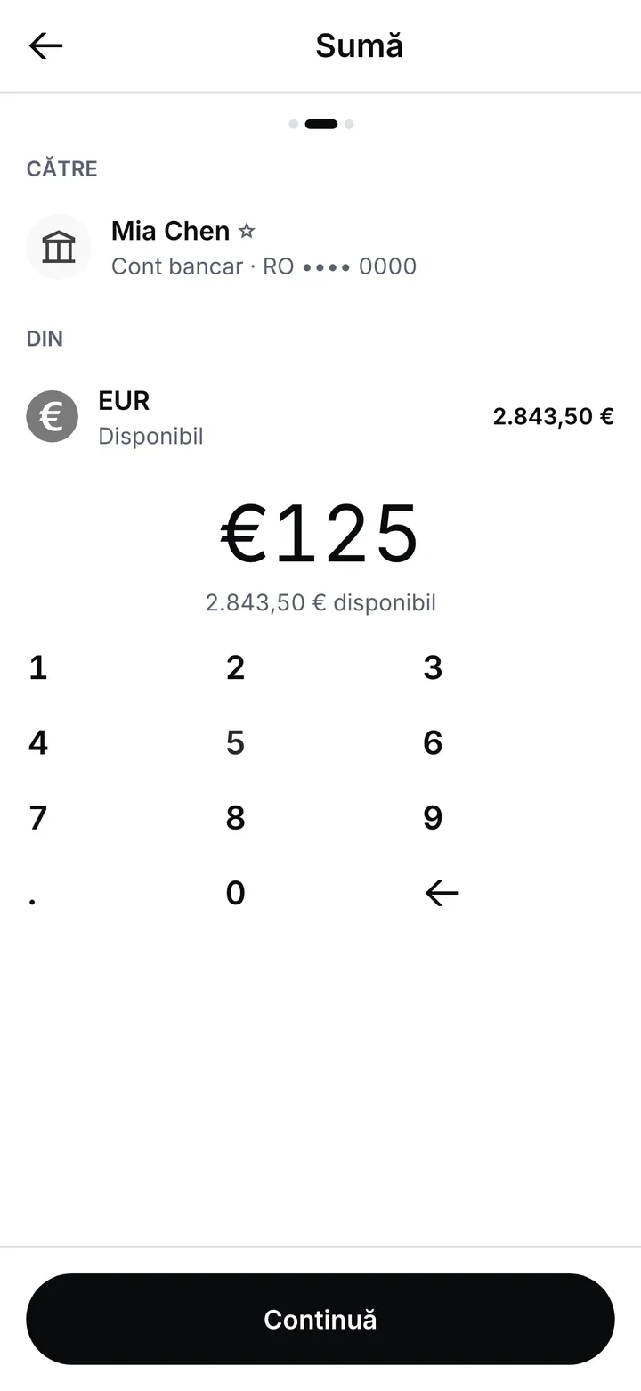 Pasul sumei din Trimite: cine primește, contul în euro din care pleacă banii cu suma disponibilă și suma tastată pe tastatura numerică