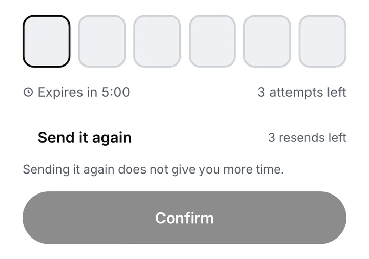 The confirmation code boxes, with how many attempts and resends are left and the Confirm button