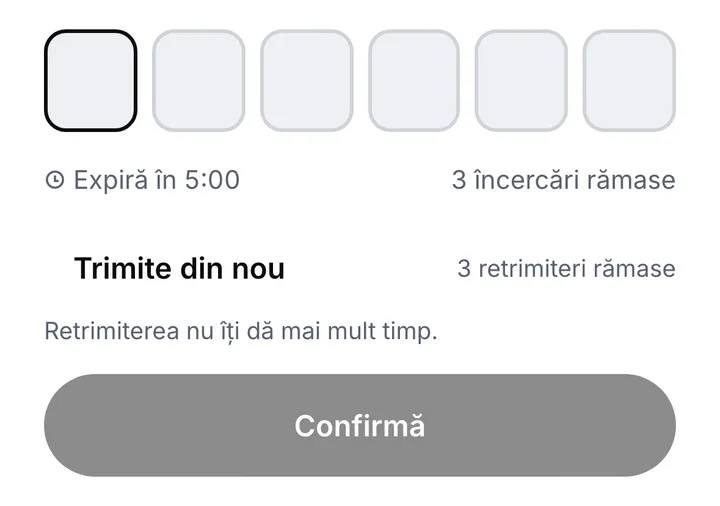 Pasul de confirmare a unei plăți: șase căsuțe pentru cod, butonul Trimite din nou cu nota că retrimiterea nu îți dă mai mult timp și butonul Confirmă