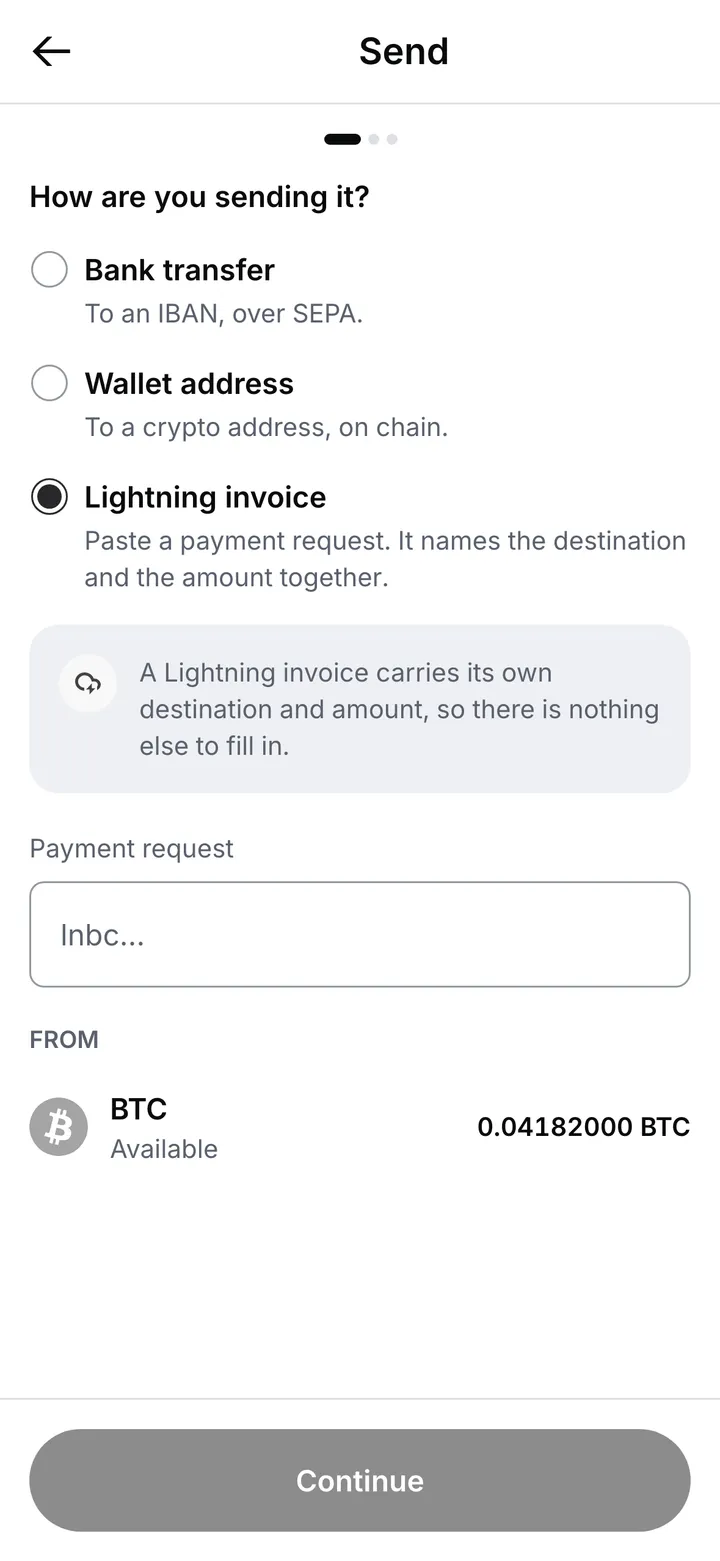 Lightning invoice chosen on the Send screen: a note that the invoice carries its own destination and amount, a field for the payment request and the bitcoin account it is paid from